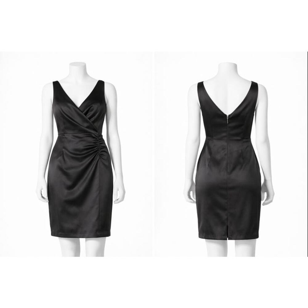 Donna Ricco Black Ruched V-Neck Cocktail Dress Size 14 | Sleek Minimalist LBD